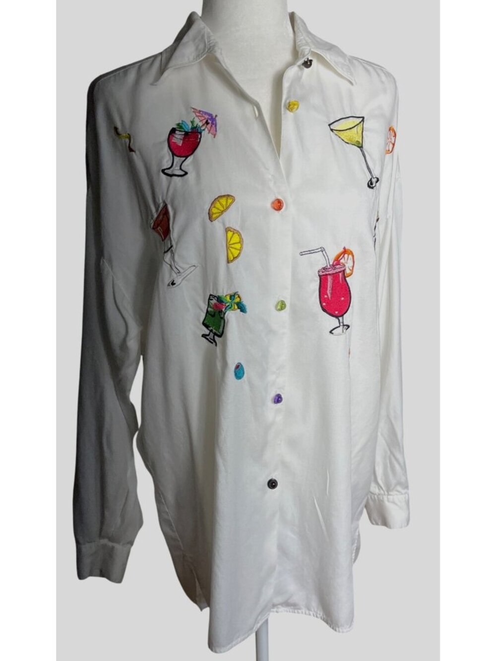 Vtg Baldanza Cocktails Novelty Shirt Oversize Coastal Colorful Button Tunic Wm 8